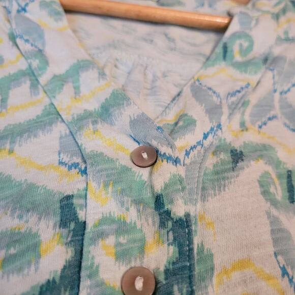 Fresh Produce Womens All Over Print Blouse Top M Blue Green V-Neck Button Cotton - Picture 4 of 7
